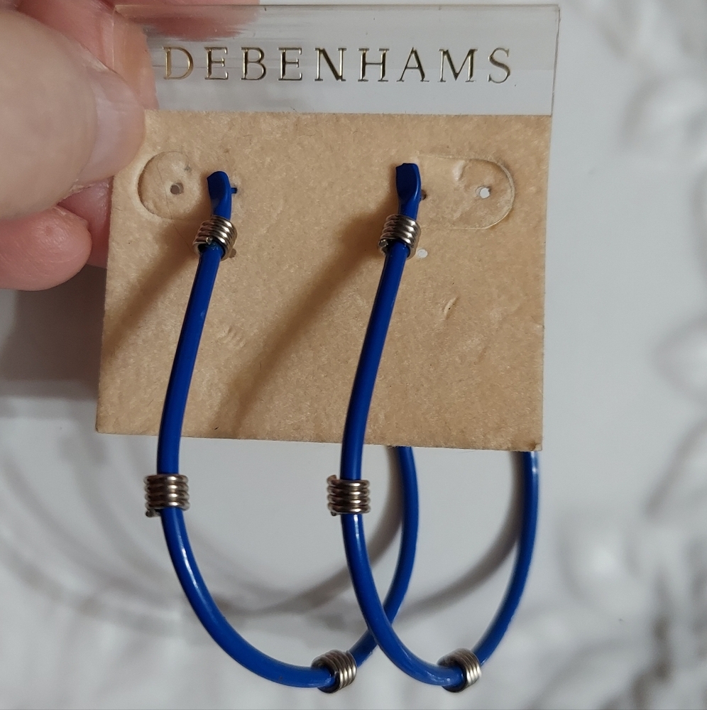 Debenhams Vintage Silver/Blue Enamel Hoop Earrings